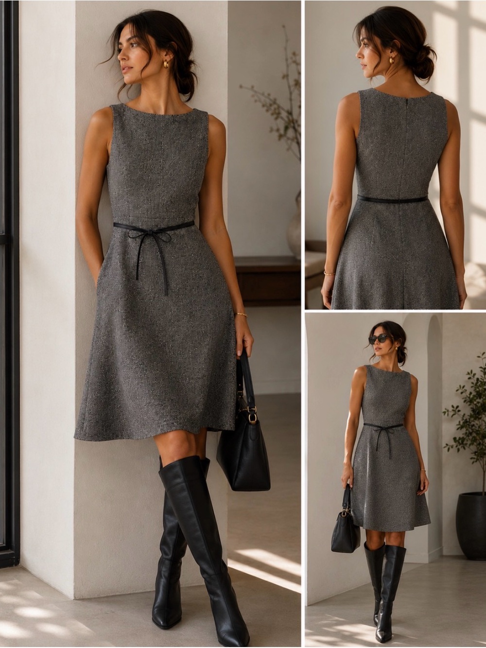 Ann Taylor Classic Sleeveless Gray A-Line Dress with Waist Tie